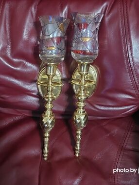 Pair of brass & stained glass wall sconces